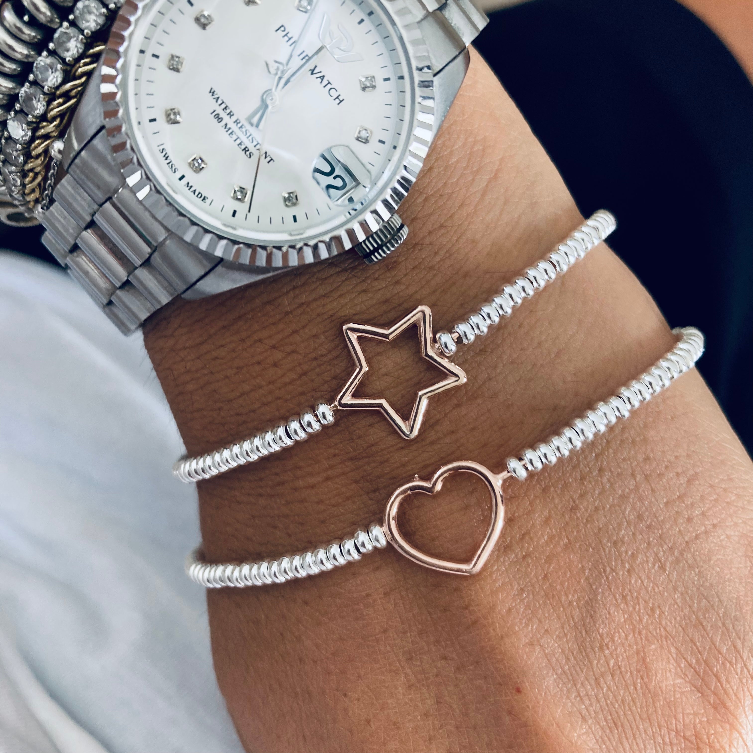bracciale rondelle Joy in argento 925 con centrale cuore o stella. RabiosaJewels