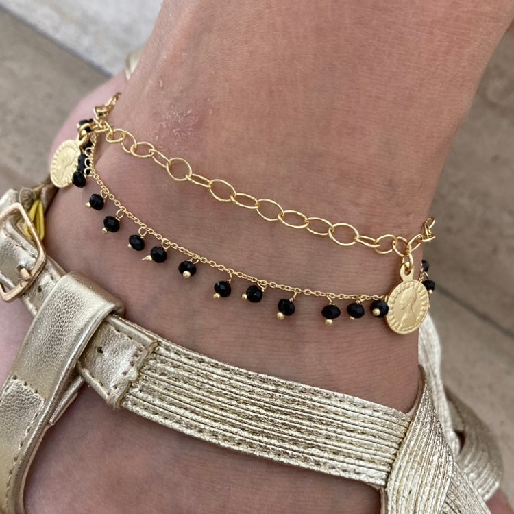 cavigliera gitana con cristalli neri e catena con monete in argento 925. RabiosaJewels