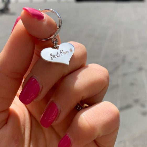 RabiosaJewels. Anello cuore pendente best mom e zircone bianco. argento925. regolabile. versione silver. festa della mamma