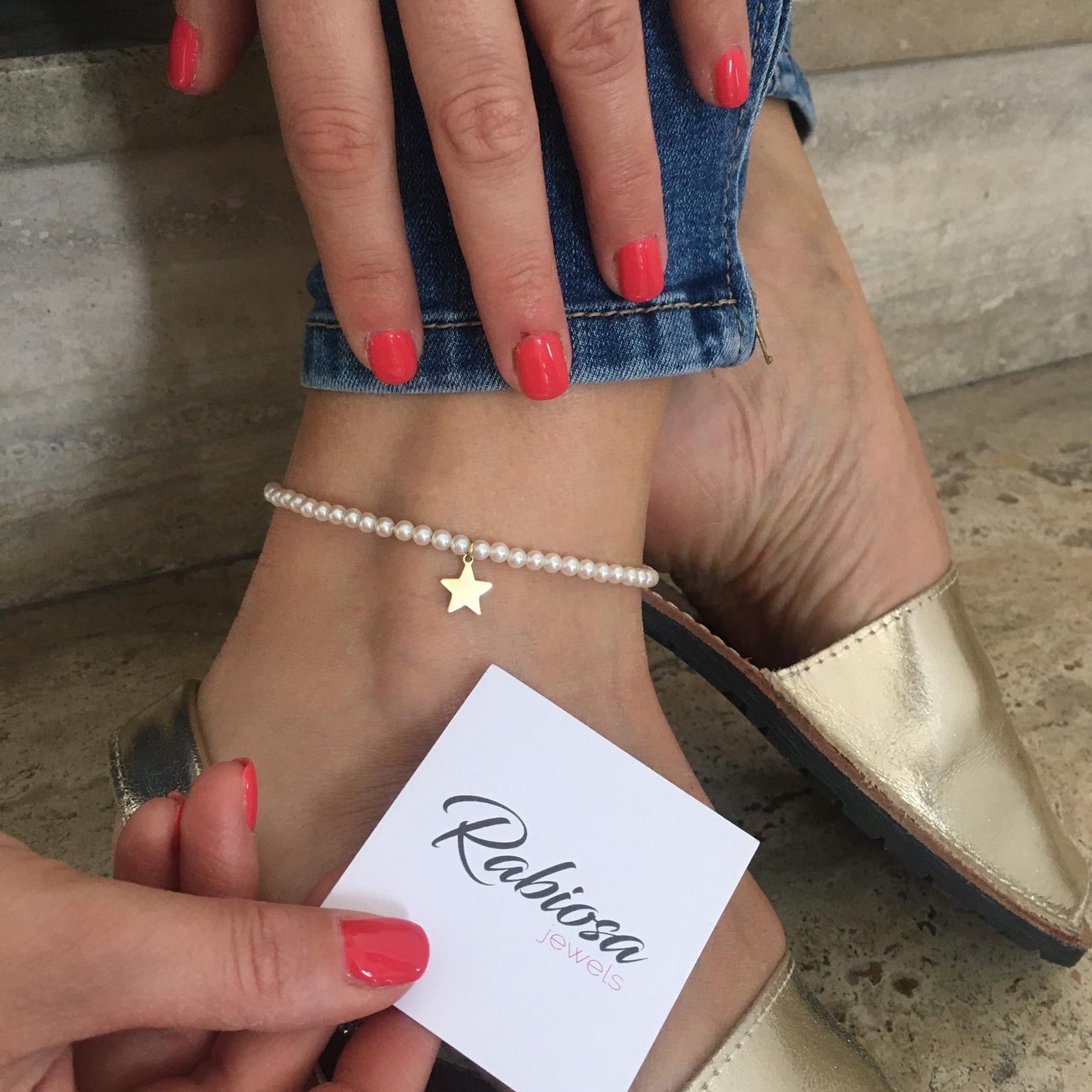 RabiosaJewels. Cavigliera perline con charm a scelta. in foto con stella gold. rifiniture in argento925 (4687164047423)