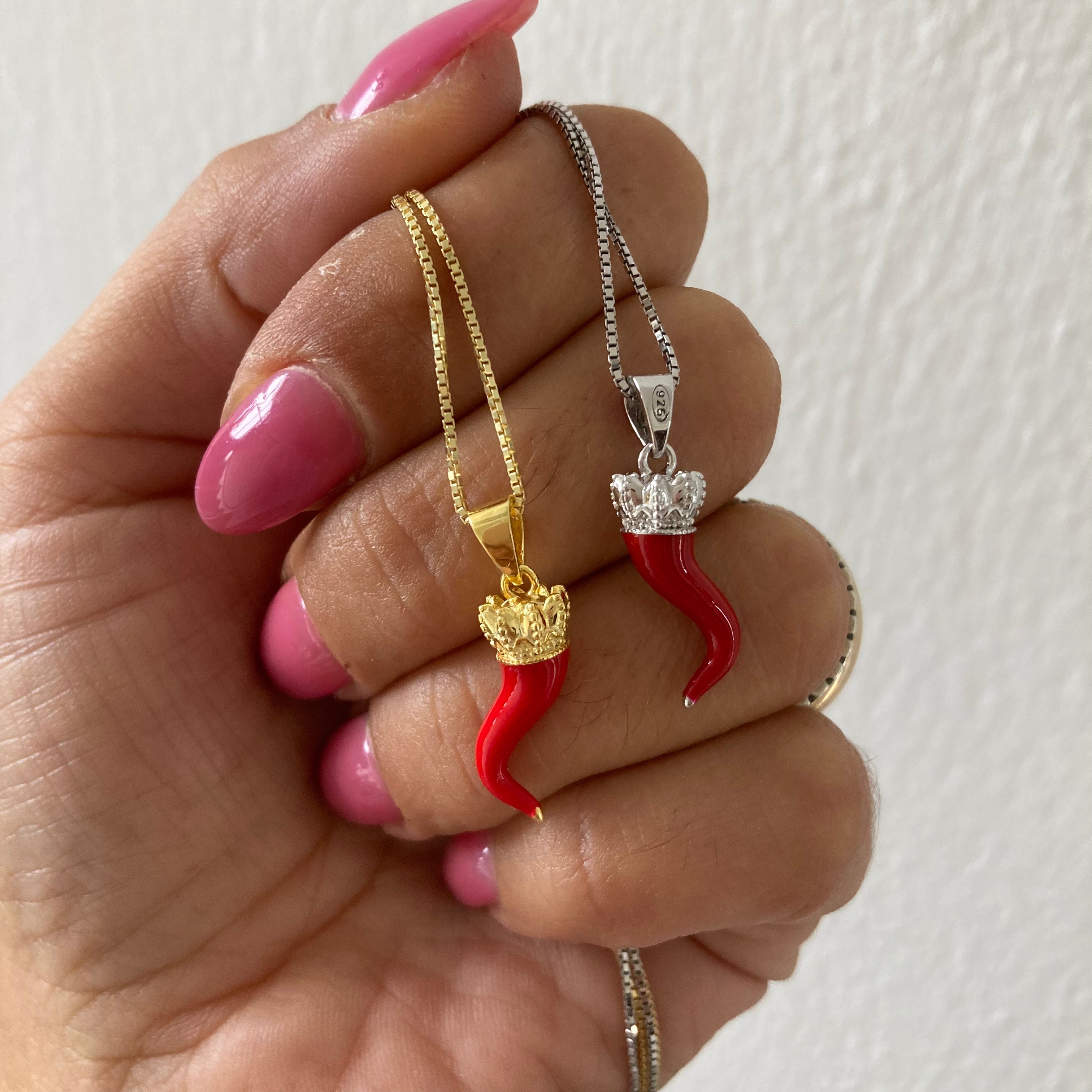 collana veneziana con cornetto napoletano rosso con corona in argento 925. RabiosaJewels
