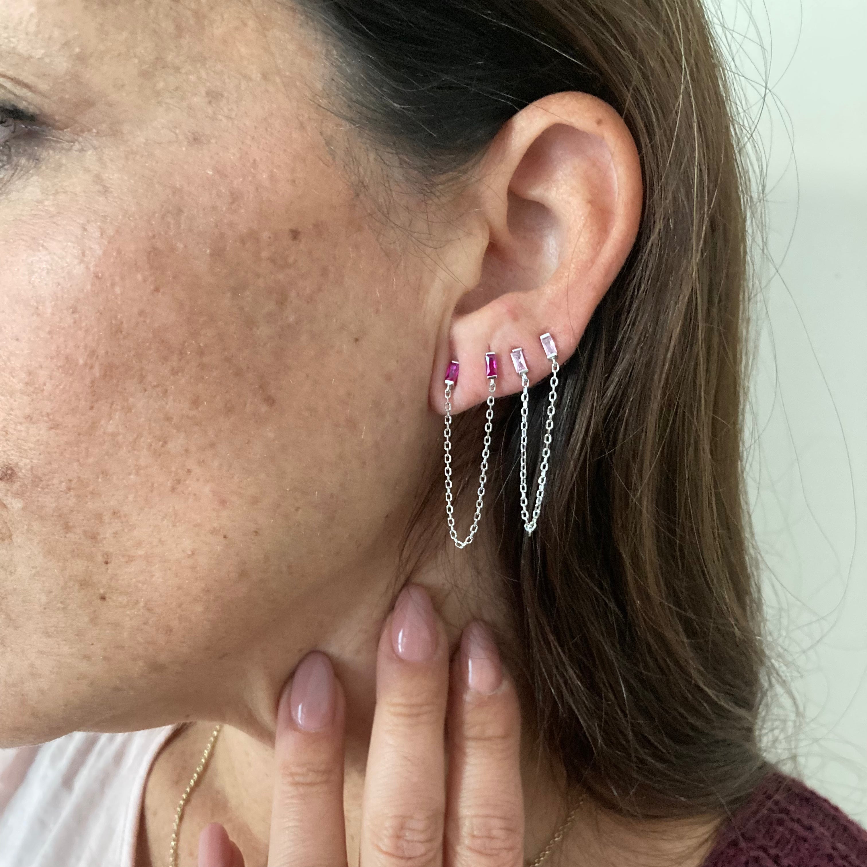 mono orecchino doppia baguetta. argento 925. RabiosaJewels. silver/fuxia. silver/rosa