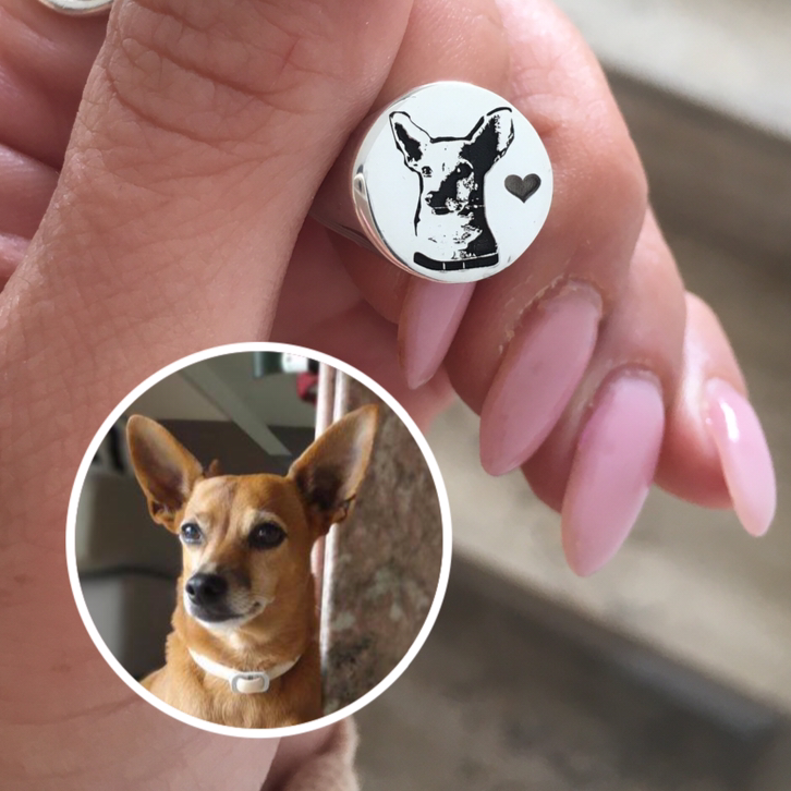 chevalier pet in argento 925 di Rabiosa Jewels. Anello da mignolo o da anulare regolabile dove puoi incidere il tuo animale. incisione di cani, gatti, conigli o altri animali a te cari. l'incisione viene elaborata a partire dalla foto che ci invii