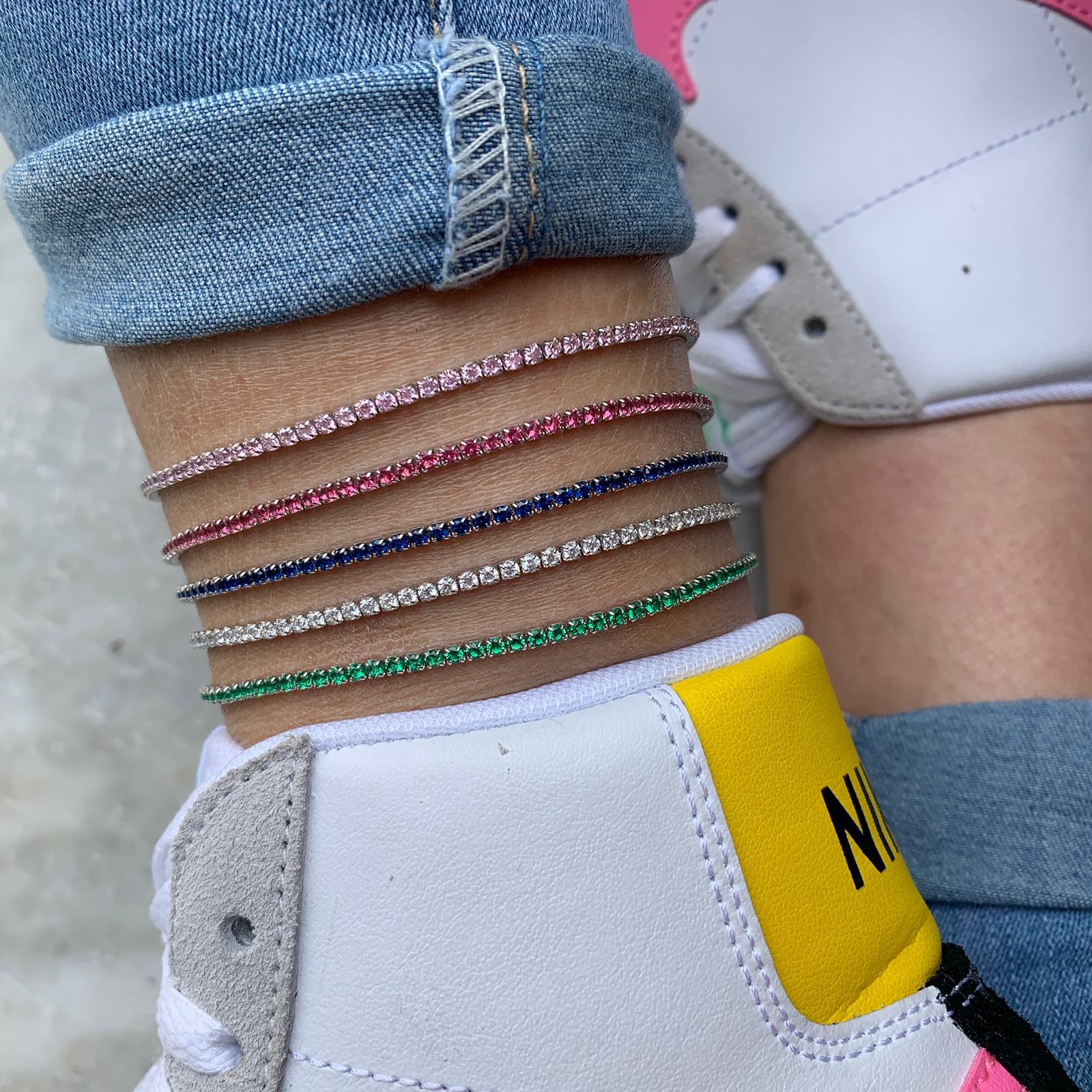 cavigliera tennis con zirconi verdi rosa fucsia blu e bianchi in argento 925