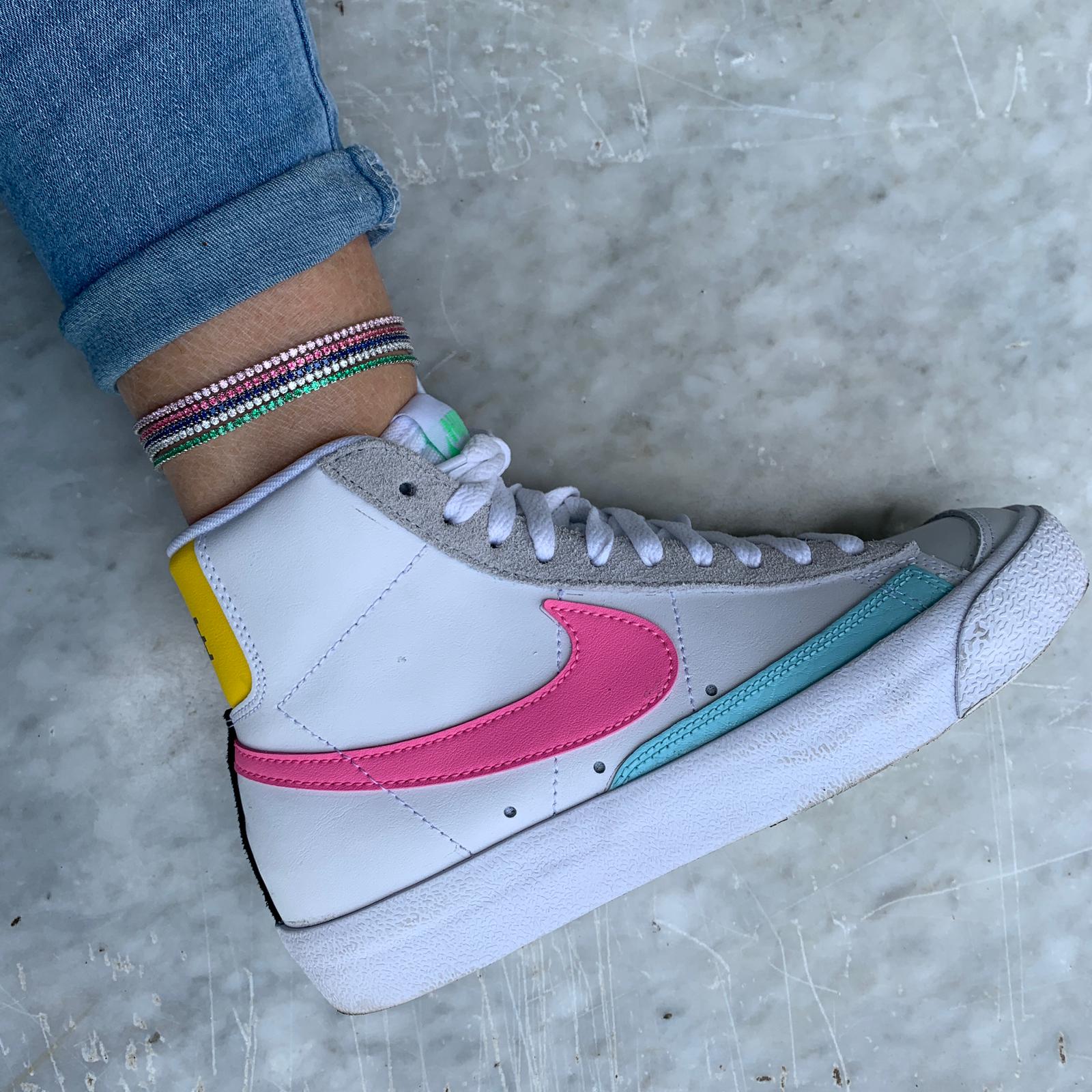 cavigliera tennis con zirconi verdi rosa fucsia blu e bianchi in argento 925