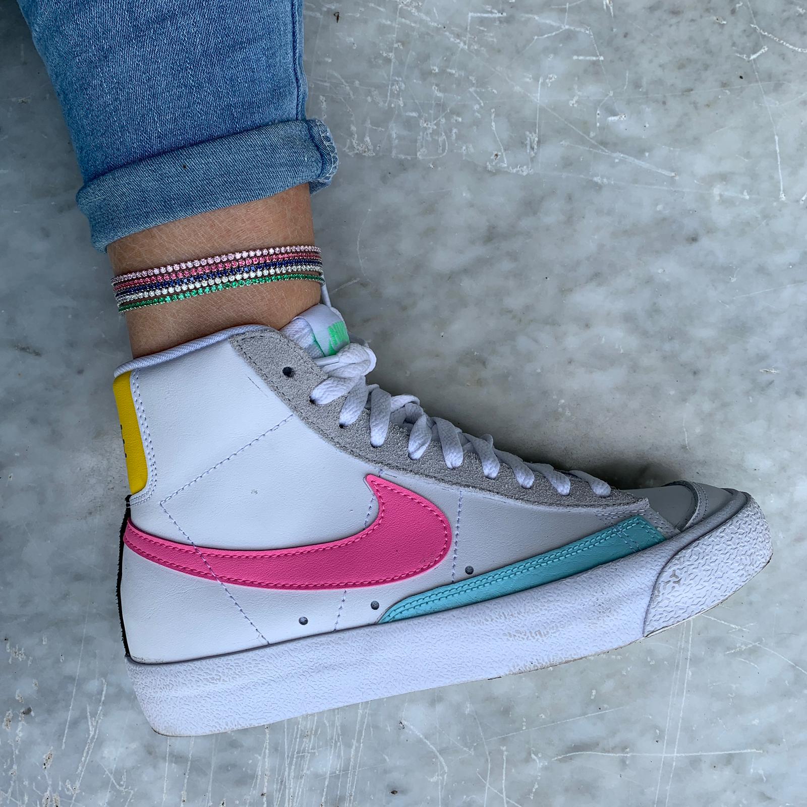 cavigliera tennis con zirconi verdi rosa fucsia blu e bianchi in argento 925