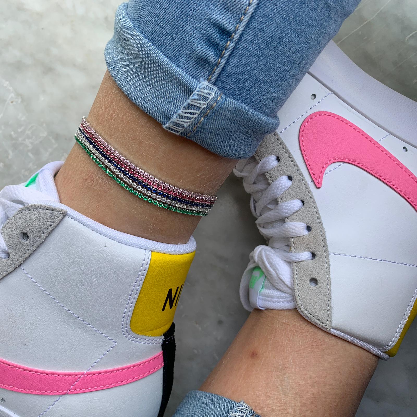 cavigliera tennis con zirconi verdi rosa fucsia blu e bianchi in argento 925