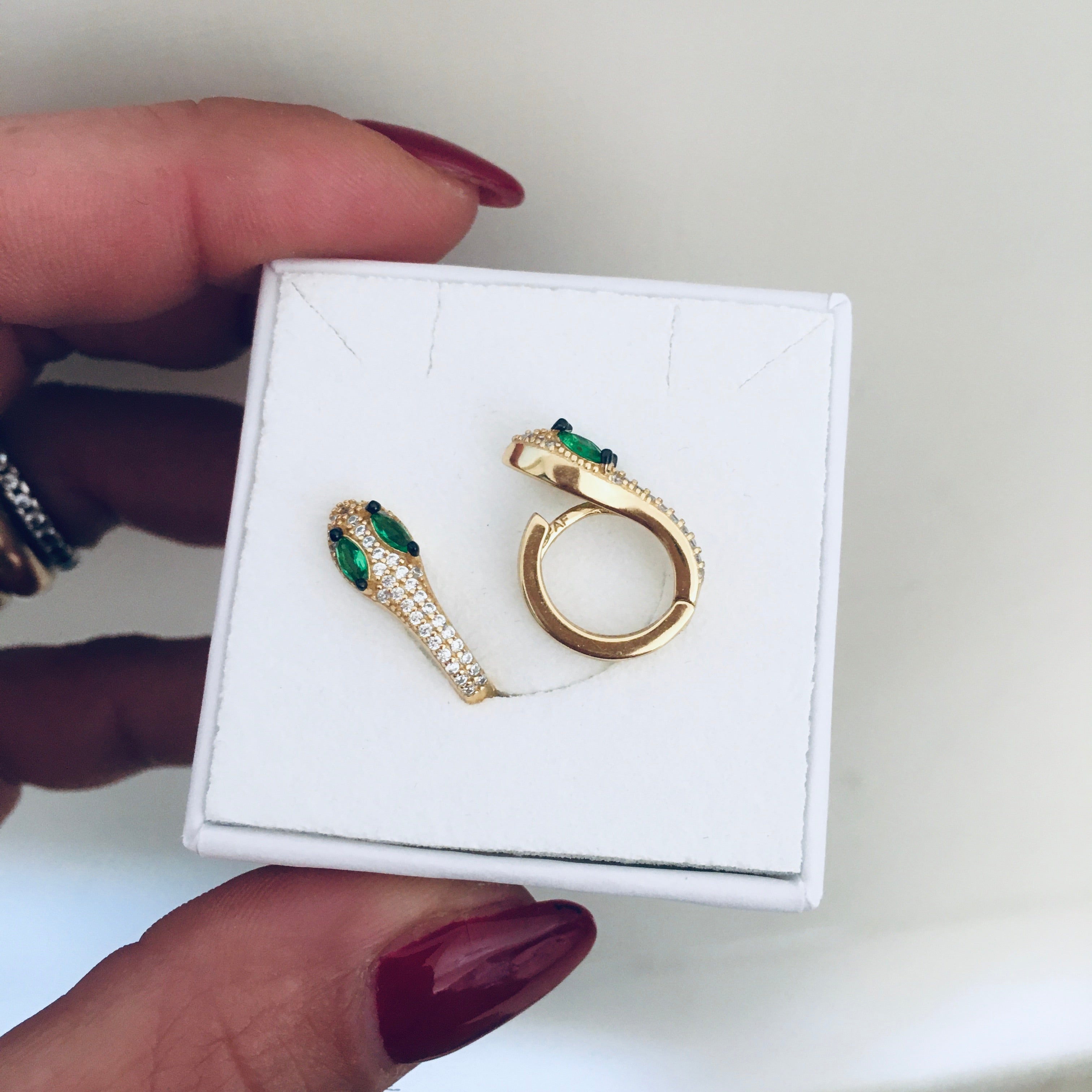 coppia di hoops Serpente in argento 925 e zirconi di rabiosajewels. gold.oreechini 1cm.orecchini serpente