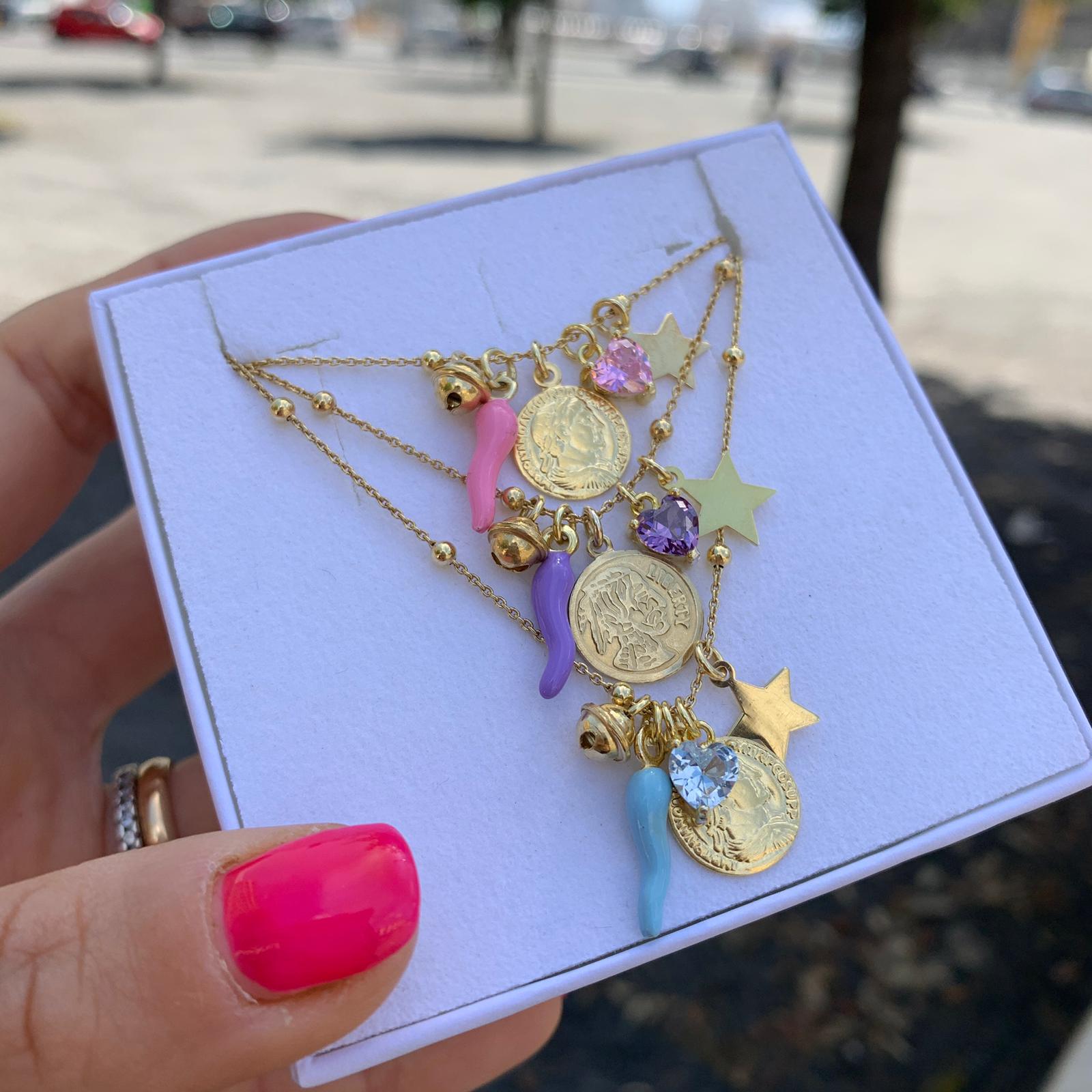 rabiosajewels. collana Ti Auguro in argento 925. collana multicharms. collana colori pastello. Ti auguro la protezione degli angeli tanta fortuna.un sacco di soldi.un amore speciale e di brillare come una stella.gold.cuore zircone glicine.cuore zircone rosa.cuore zircone acquamarina