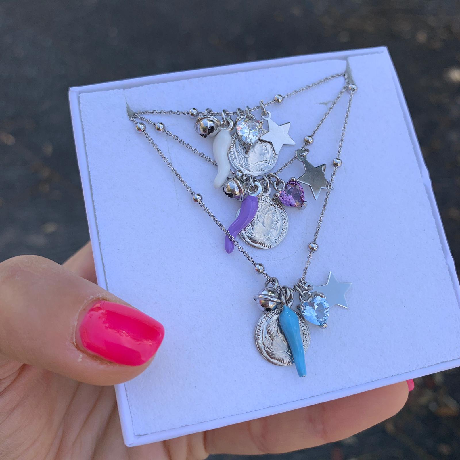 rabiosajewels. collana Ti Auguro in argento 925. collana multicharms. collana colori pastello. Ti auguro la protezione degli angeli tanta fortuna.un sacco di soldi.un amore speciale e di brillare come una stella.silver.cuore zircone glicine.cuore zircone rosa.cuore zircone acquamarina