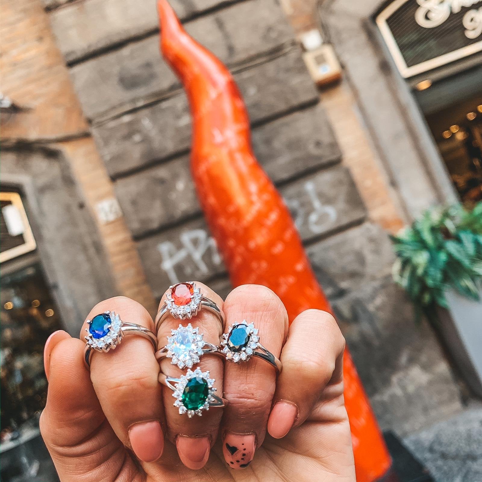 RabiosaJewels. Kate rosso rubino, verde smeraldo, blu zaffiro, bianco brillante, nero. Argento925 e zirconi. Regolabile. Silver (4463420637247)