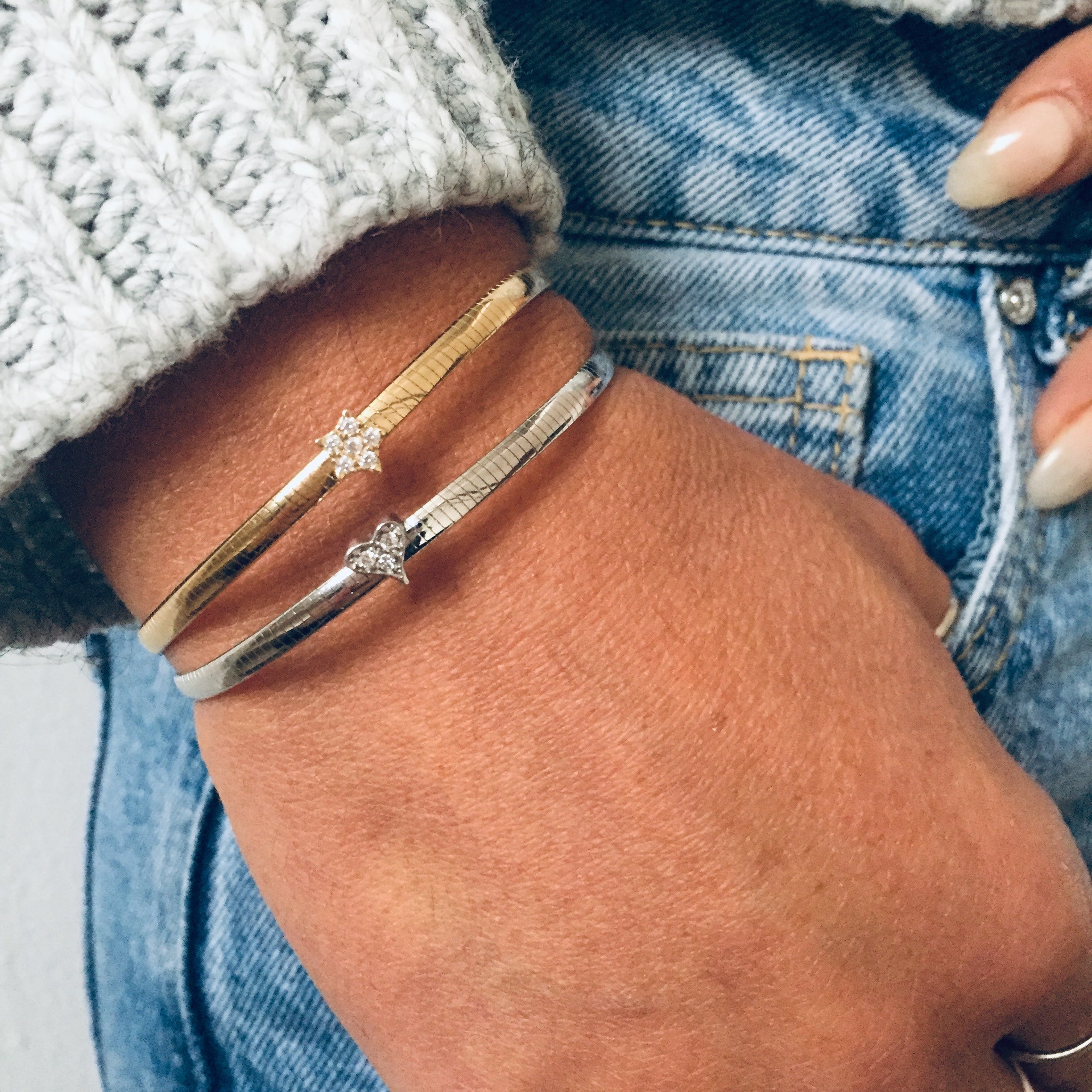 RabiosaJewels. Bracciale serpentina con cuore o stella zirconi centrale. argento 925. foto indossata. silver o gold. 