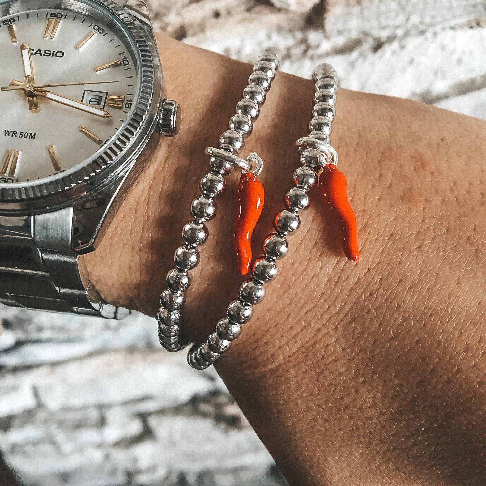 RabiosaJewels. Bracciali lucky con sfere 3mm e cornetto rosso. Argento925. (4527271542847)