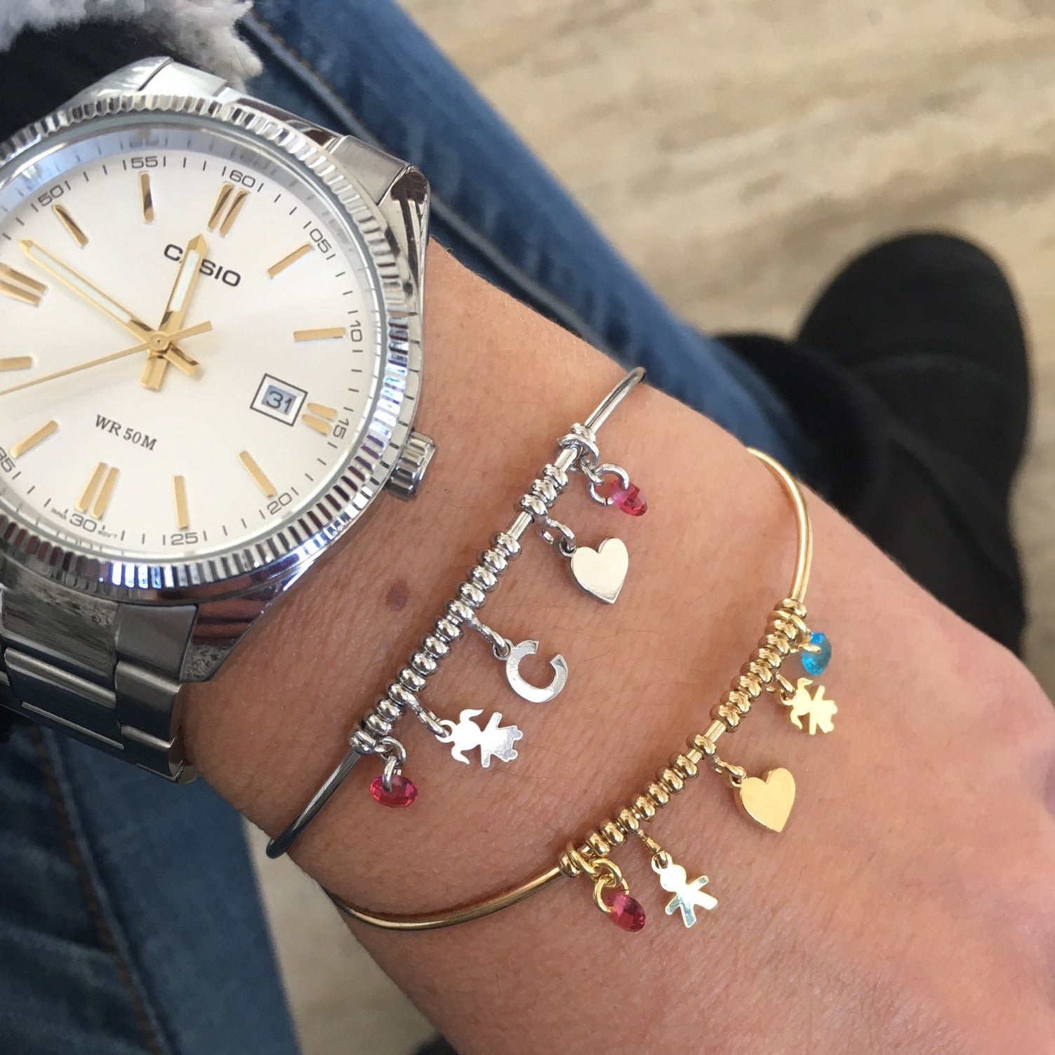 Rabiosajewels_bracciale rigido balia ccon charms bebè. argento925. silver e gold