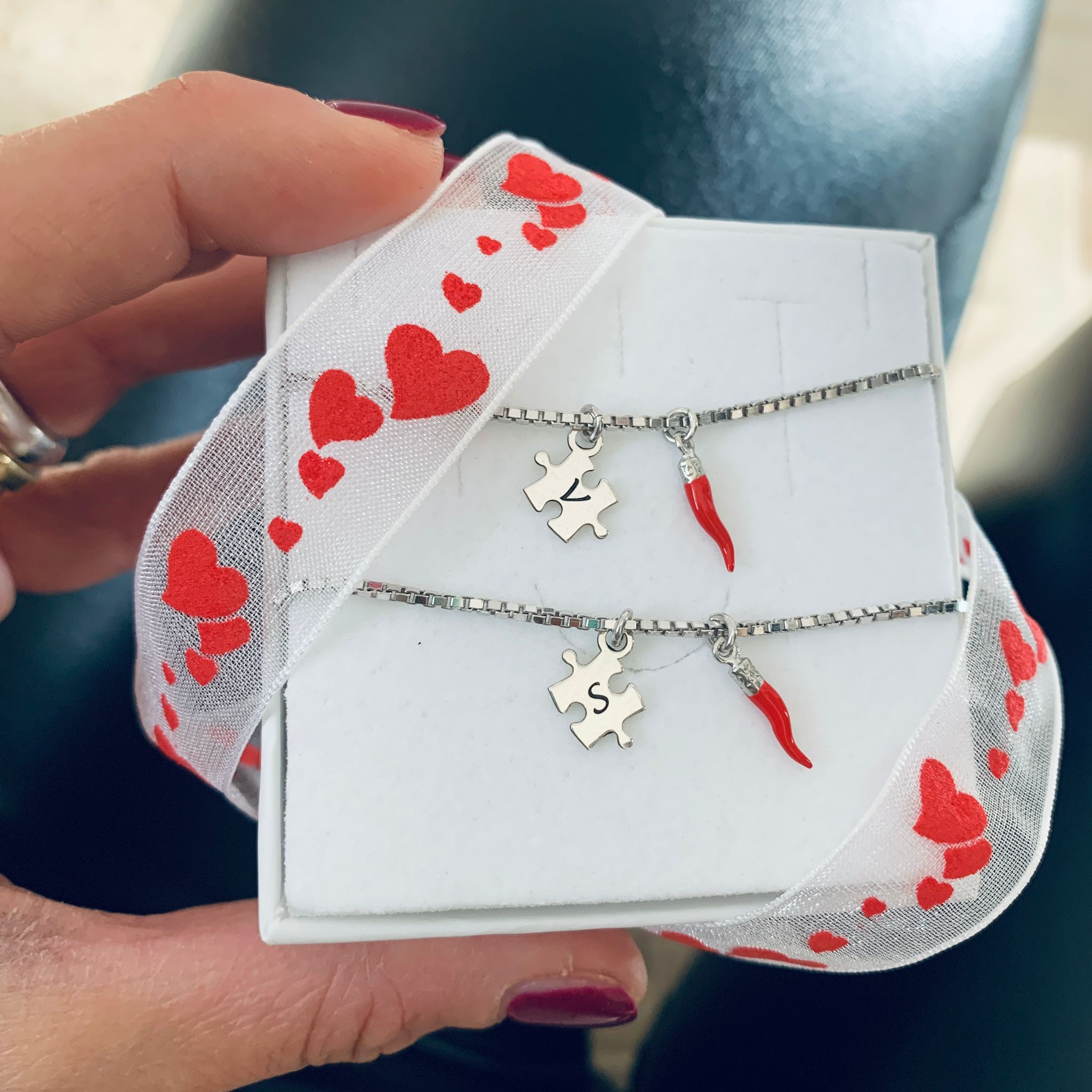 bracciale coppia mini puzzle personalizzati con cornicello napoletano. argento 925. rabiosajewels 