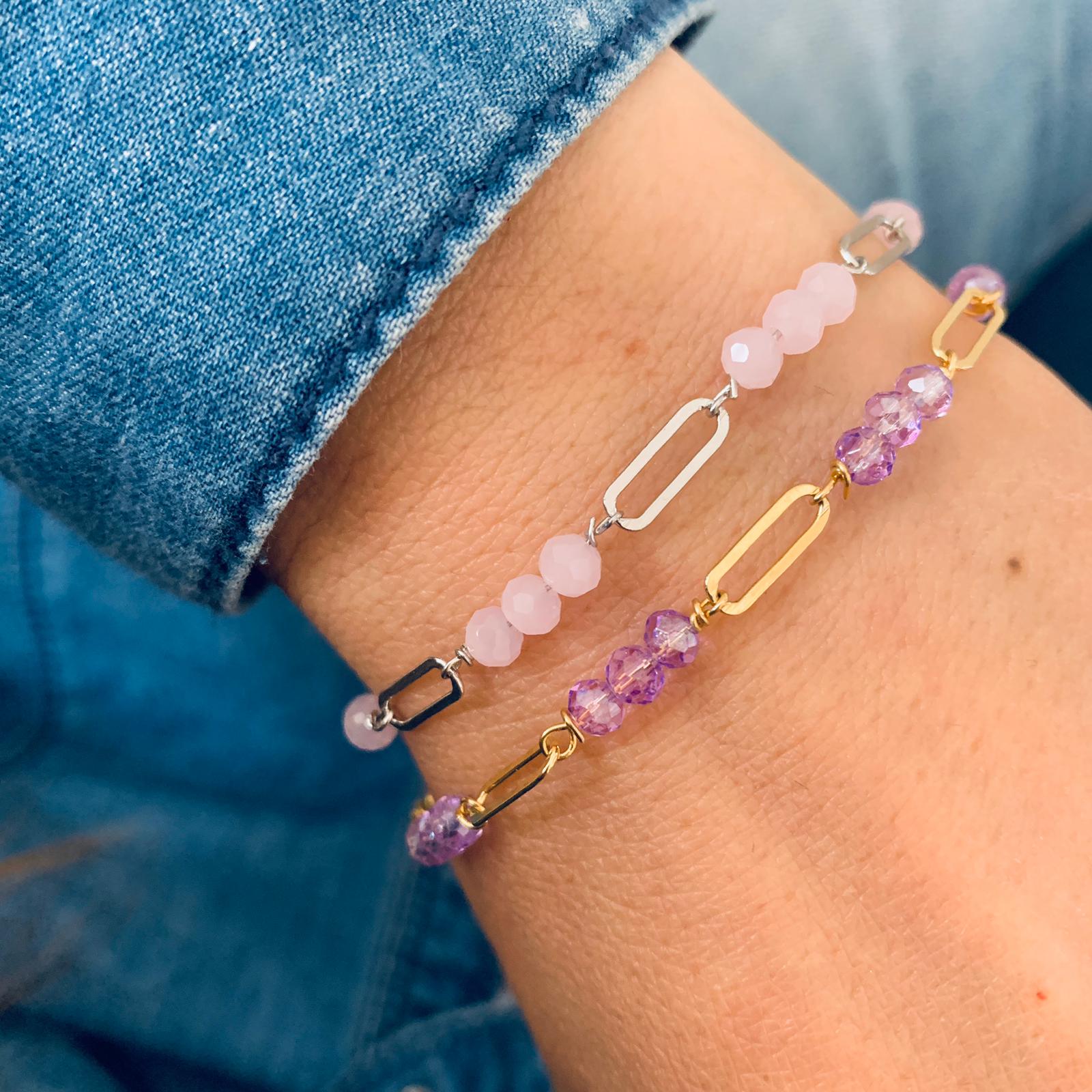 bracciale pastel in argento 925 con tris di cristalli dalle tonalità pastello rosa e glicine. RabiosaJewels
