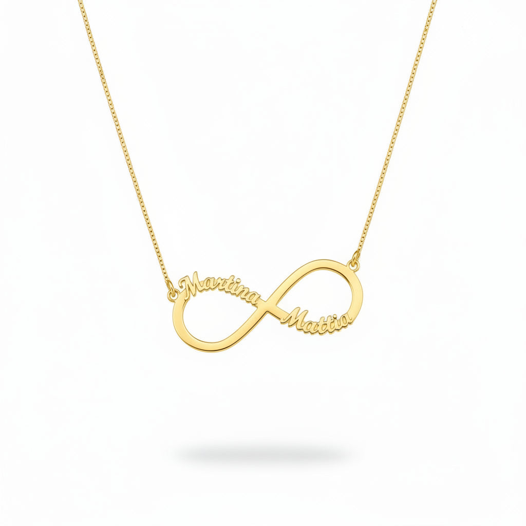 collana infinito con due nomi sagomati in argento 925. rabiosajewels