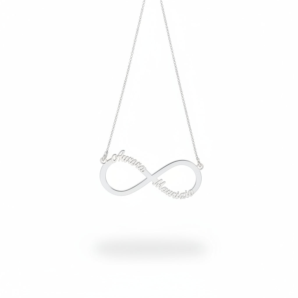 collana infinito con due nomi sagomati in argento 925. rabiosajewels